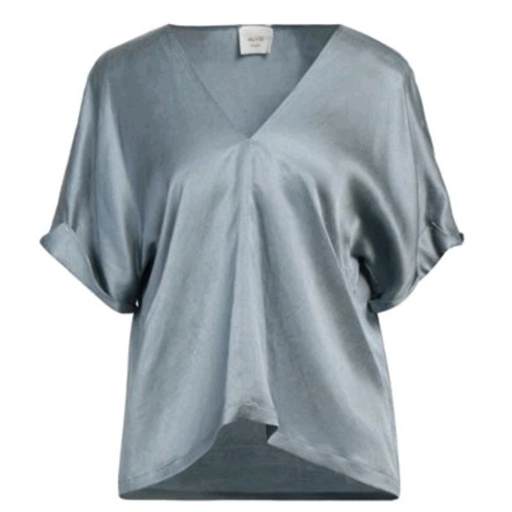 Alysi Satin Top Blouse Cuff Sleeve Woman 6 Blue Career Office Flowy Whimsy Boho